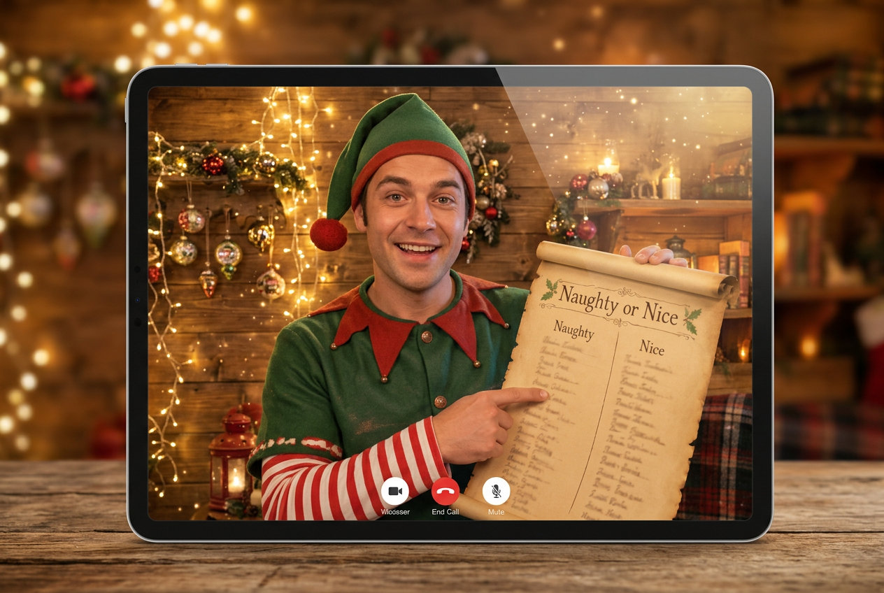 A live video call with an elf in his wooden hut, reading from the Naughty or Nice list — seen as it appears on a screen at home